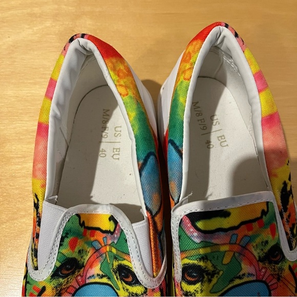 Colorful Dog Face Shoes Womens 9 Rainbow Hippie Boho Love Slip On - Picture 8 of 8